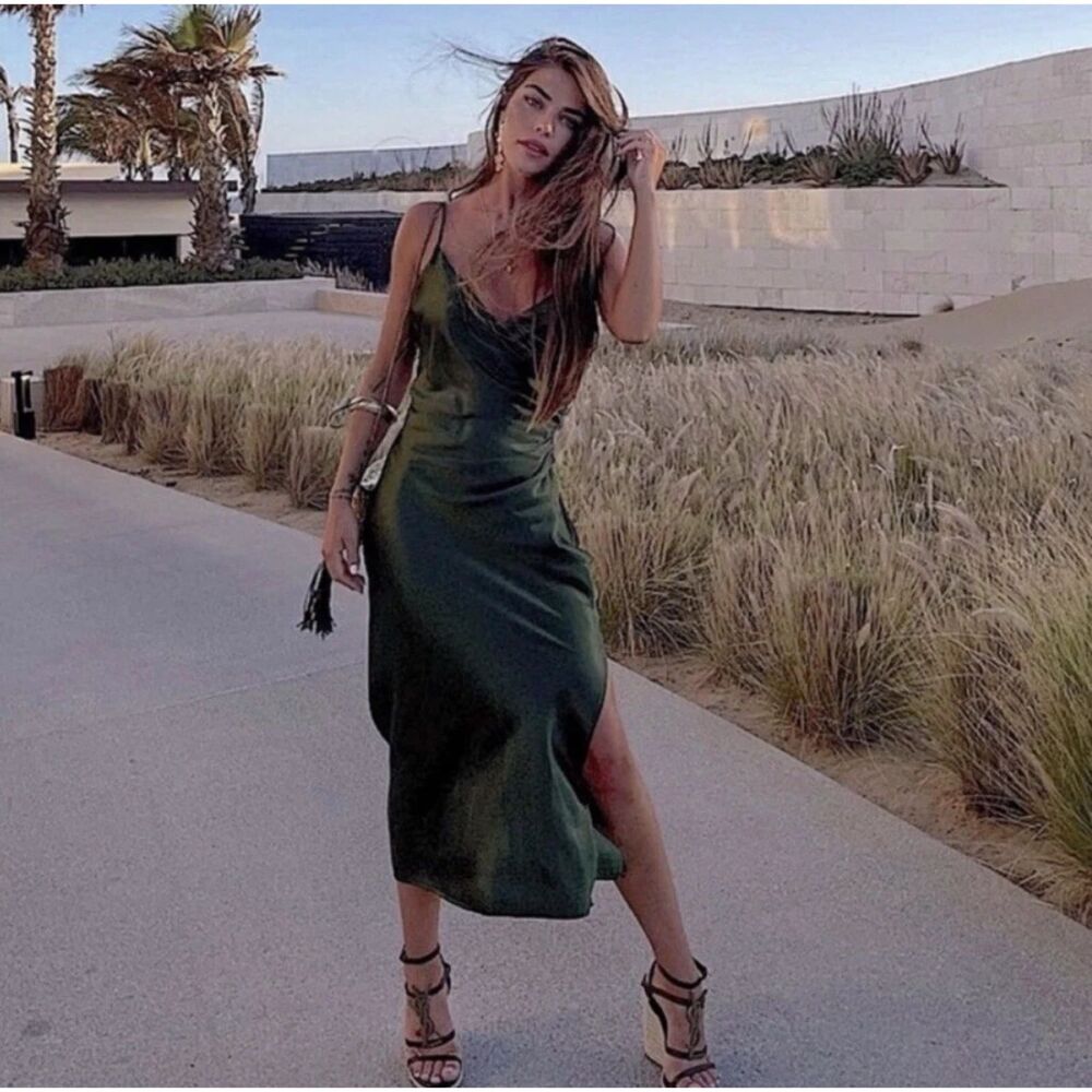 Zara Women's Green Spaghetti Strap Long Dress Size Small NWT